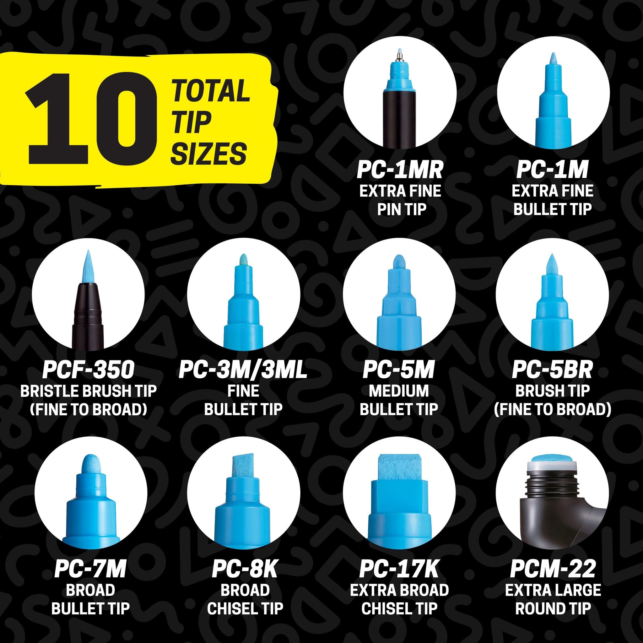 Ten different marker tips shown in circles against a black background with abstract shapes. Text details each tip type.