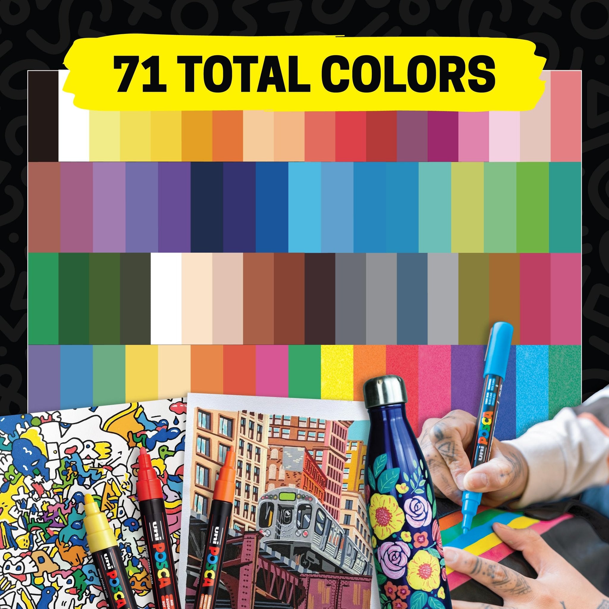 Paint markers and colorful swatches with a person decorating a bottle and drawing a cityscape.