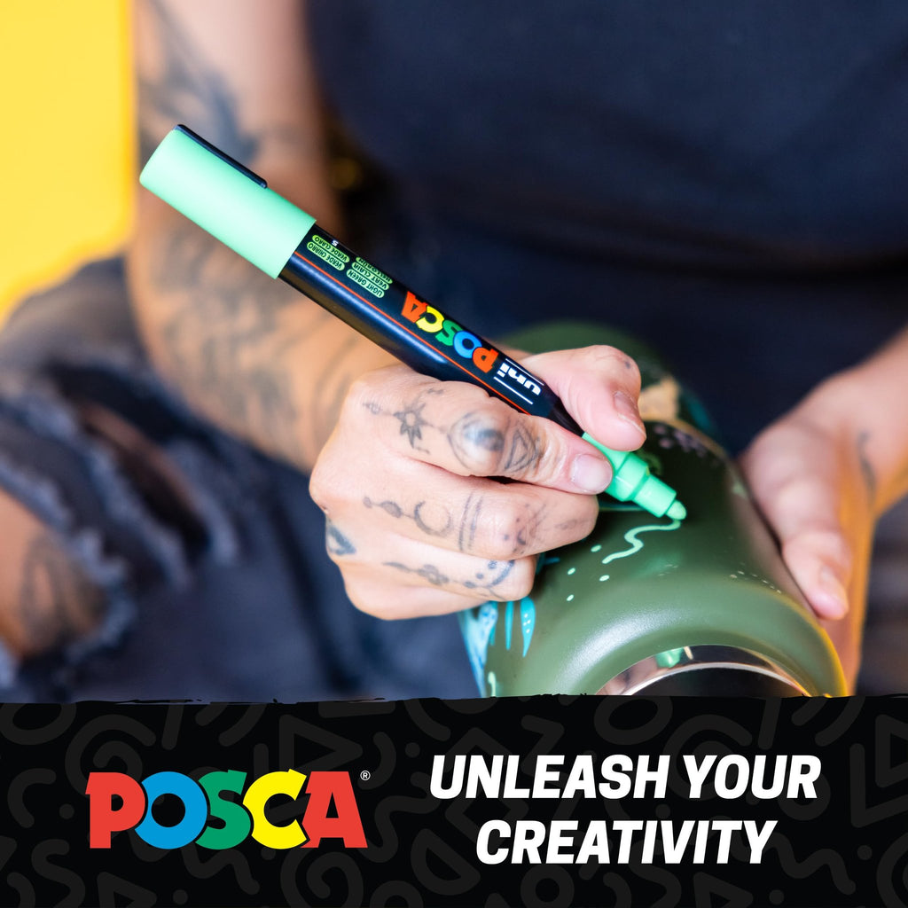 Person using a light green marker to draw on a green water bottle, with a black and colorful logo and text overlay.