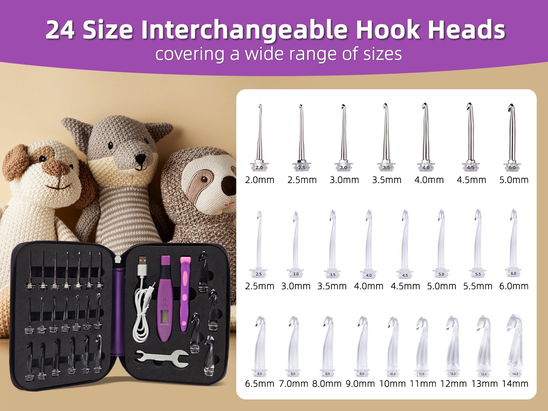 Crochet hook kit with interchangeable heads and accessories, shown with crocheted stuffed animals.