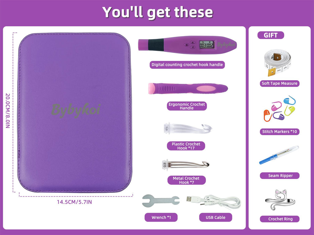 Purple crochet hook kit case with contents laid out, including digital handle, ergonomic handle, various hooks, stitch markers, tape measure, seam ripper, wrench, and USB cable.
