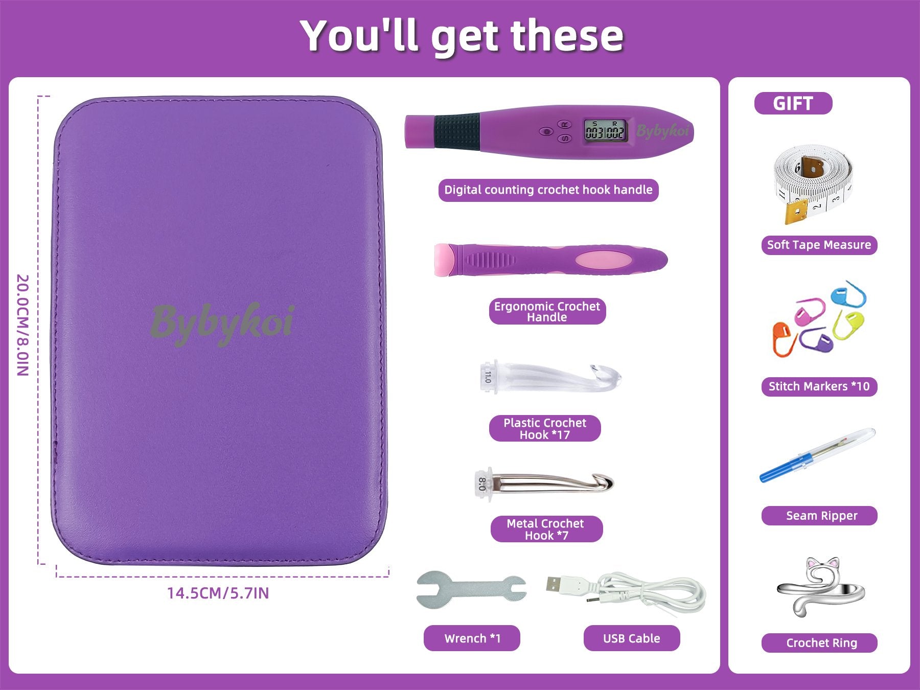 Purple crochet hook kit case with contents laid out, including digital handle, ergonomic handle, various hooks, stitch markers, tape measure, seam ripper, wrench, and USB cable.