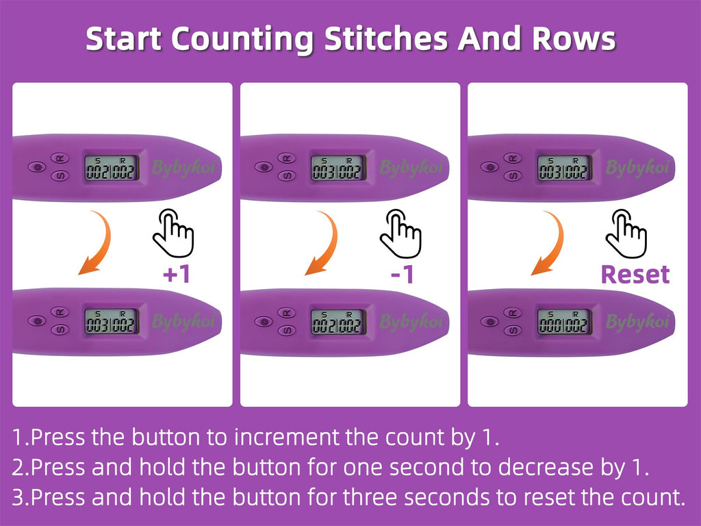 Purple digital stitch and row counter with instructions on how to increment, decrement, and reset.