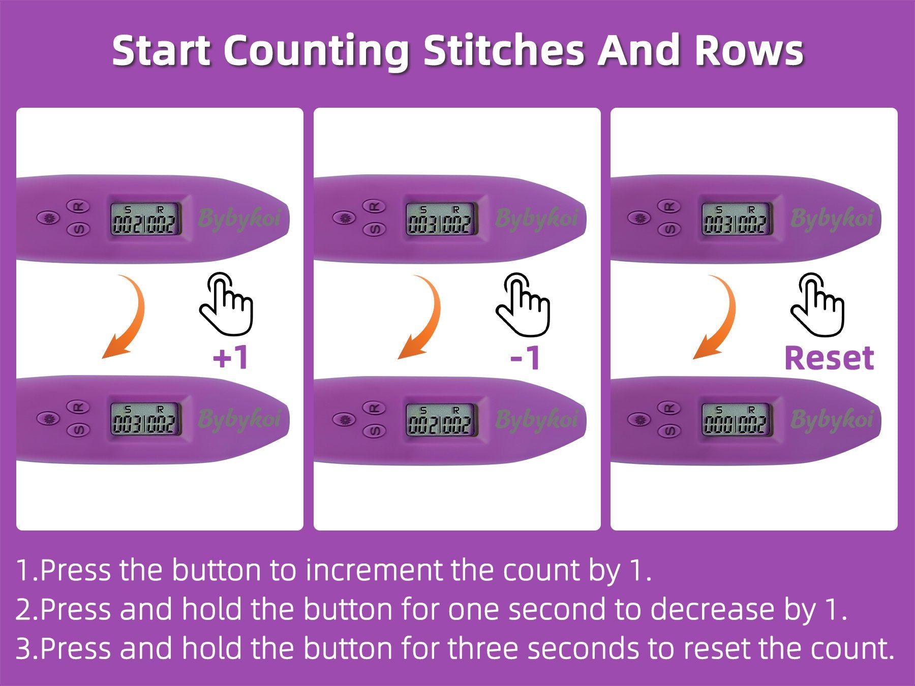 Purple digital stitch and row counter with instructions on how to increment, decrement, and reset.