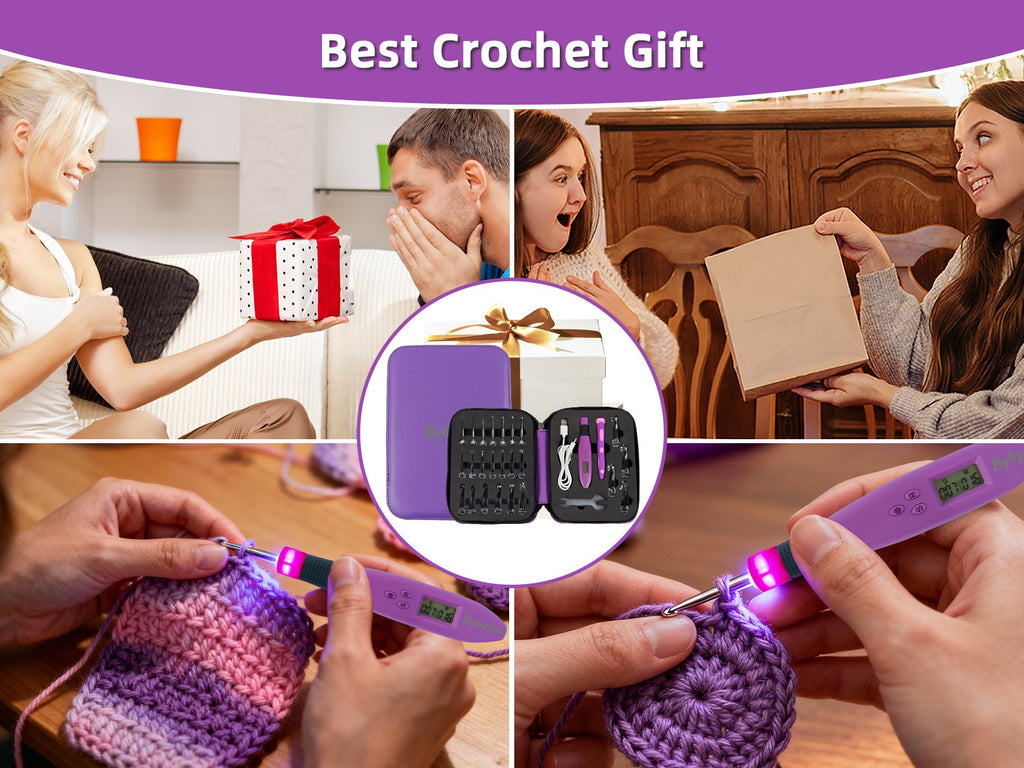 Collage of crochet kit in use and as a gift, showing hooks with LED lights and digital counters.
