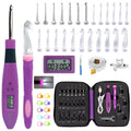 LED crochet hook kit with interchangeable heads, digital counter, yarn, and accessories laid out on a white background.