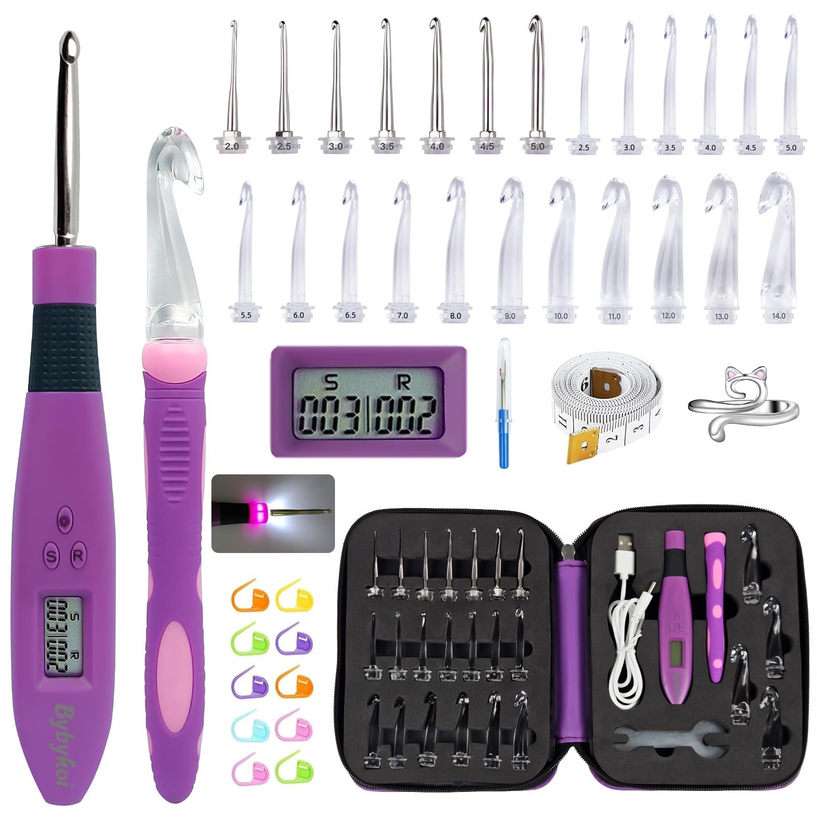 LED crochet hook kit with interchangeable heads, digital counter, yarn, and accessories laid out on a white background.