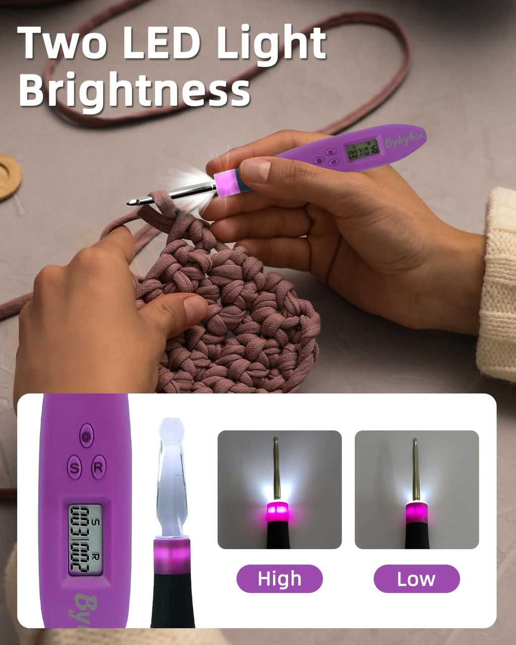 Crocheting with a purple LED light crochet hook that has a digital counter. Close-up shows hook detail and light brightness.