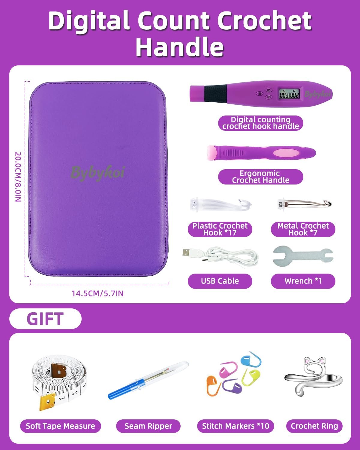 Purple crochet hook kit case with digital handle, ergonomic handle, plastic and metal hooks, USB cable, wrench, tape measure, seam ripper, stitch markers, and crochet ring.