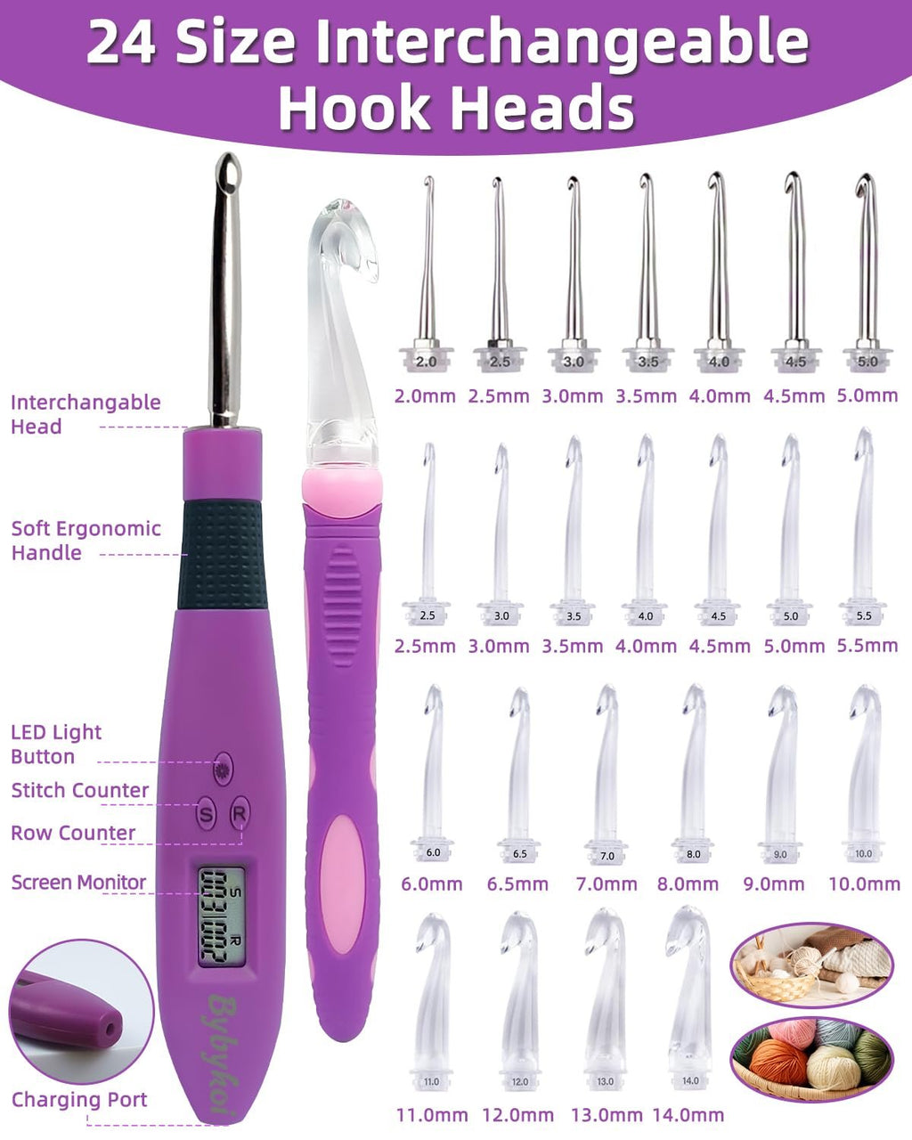 Purple LED crochet hook with interchangeable heads and digital counter, showing various hook sizes and yarn balls.