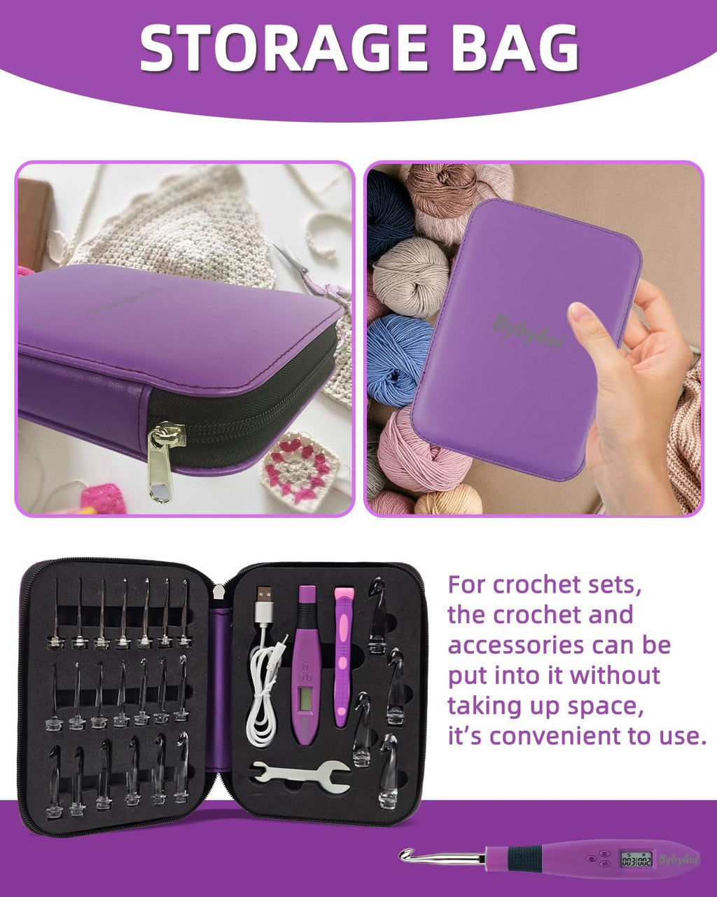 Collage of a purple crochet hook storage bag and its contents, including various hooks and accessories.