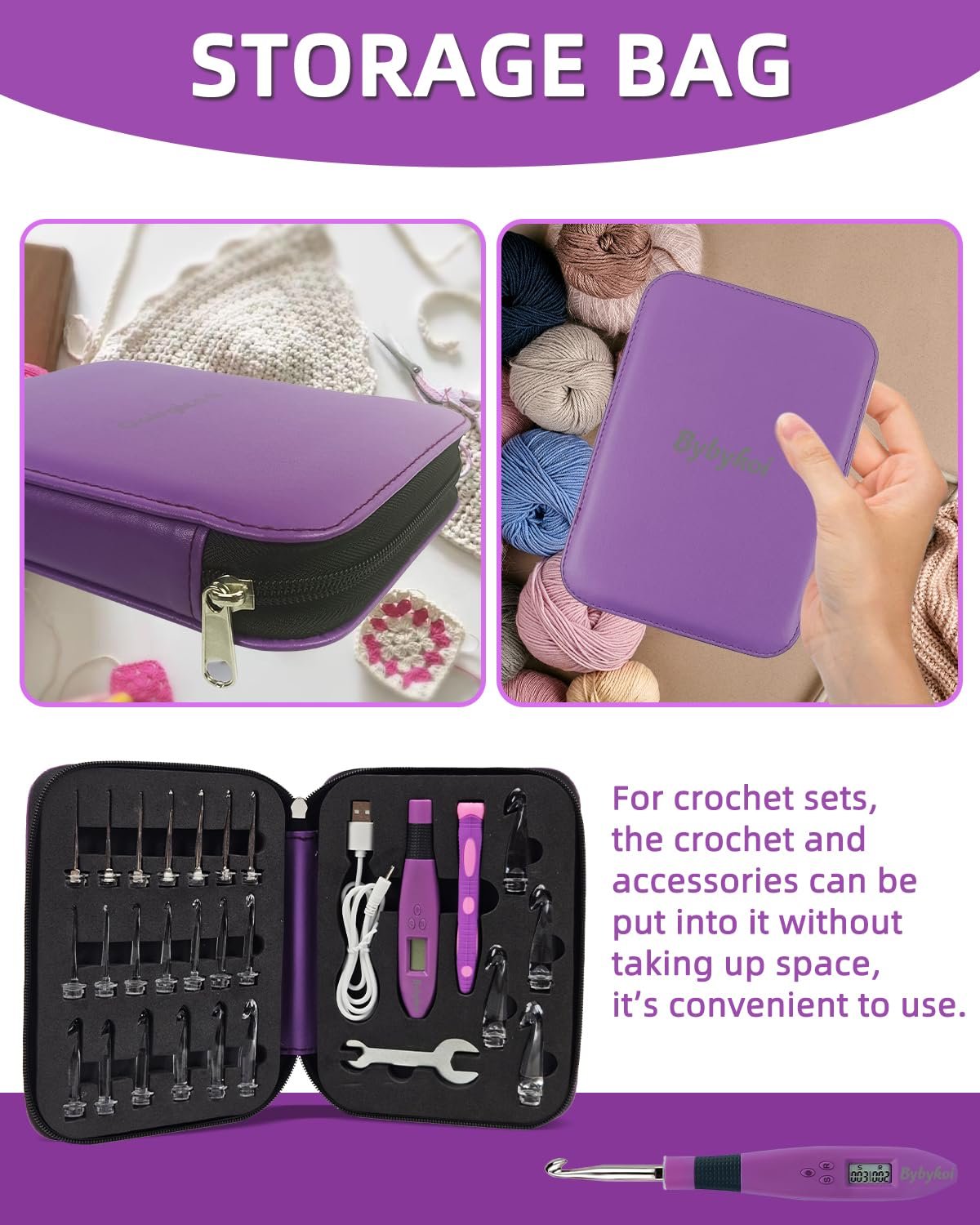 Collage of a purple crochet hook storage bag and its contents, including various hooks and accessories.