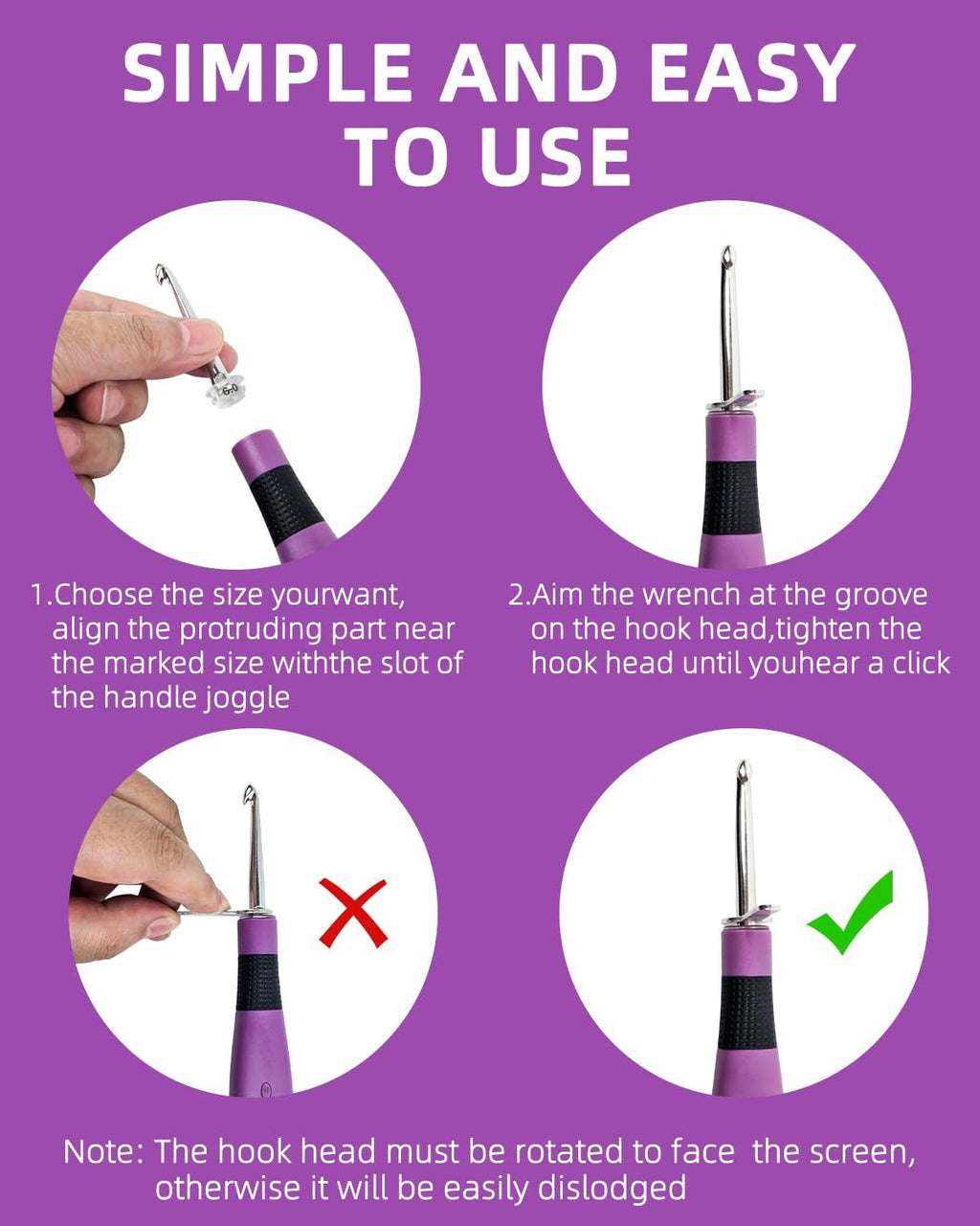 Instructions for attaching crochet hook to handle, showing four steps with text and icons.