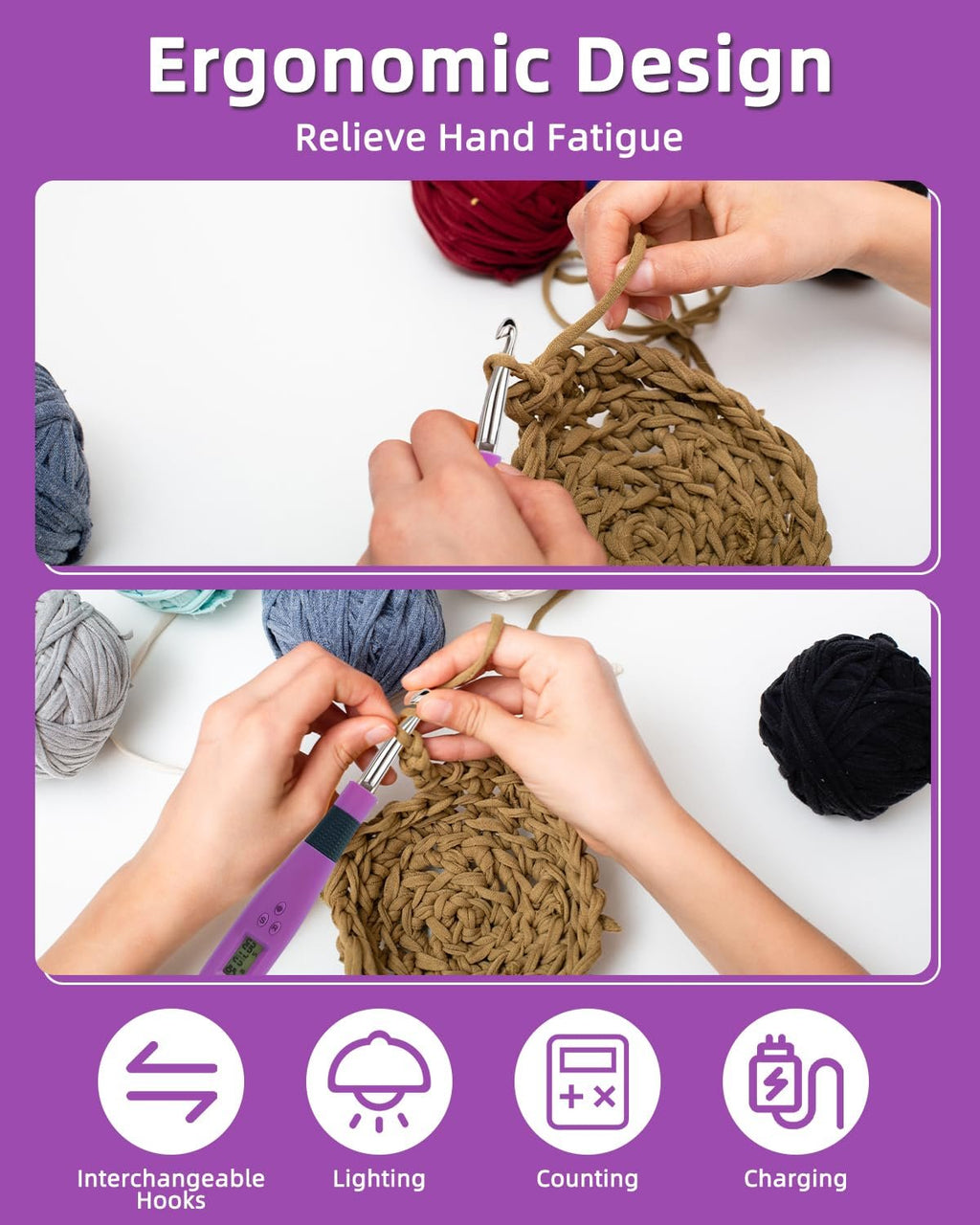 Crocheting with LED interchangeable hooks, showing hands working with yarn and a digital display on the hook.