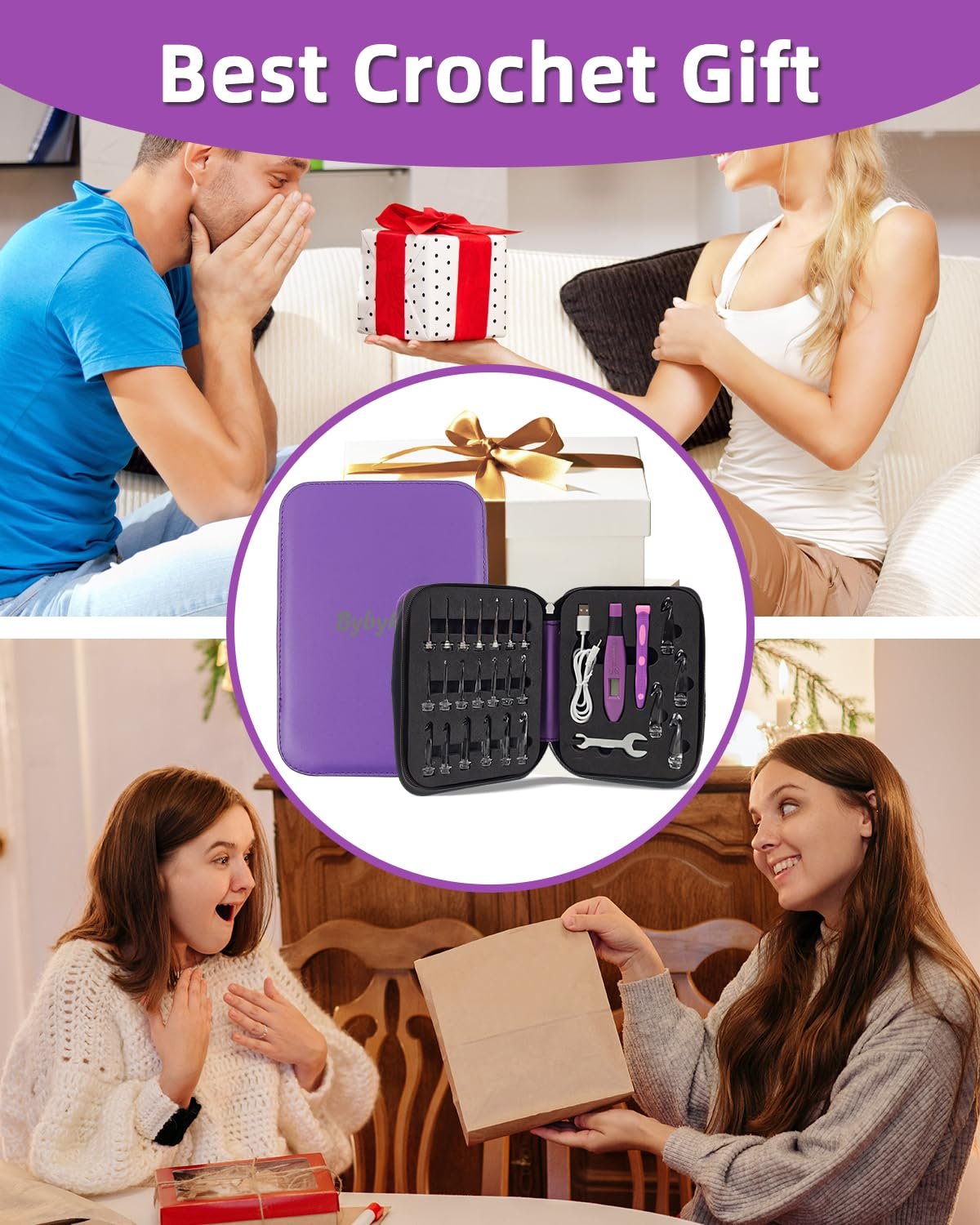 Collage of people receiving and opening crochet hook kits as gifts.
