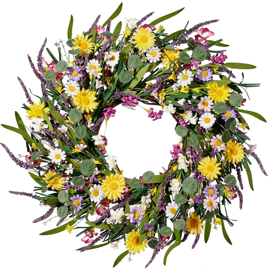 24-inch artificial daisy and lavender wildflower wreath with yellow, white, and purple flowers on a white background