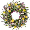 24-inch artificial daisy and lavender wildflower wreath with yellow, white, and purple flowers on a white background
