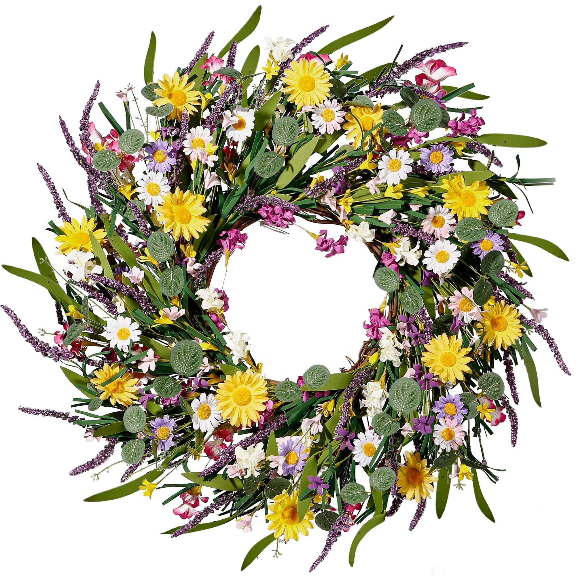 24-inch artificial daisy and lavender wildflower wreath with yellow, white, and purple flowers on a white background