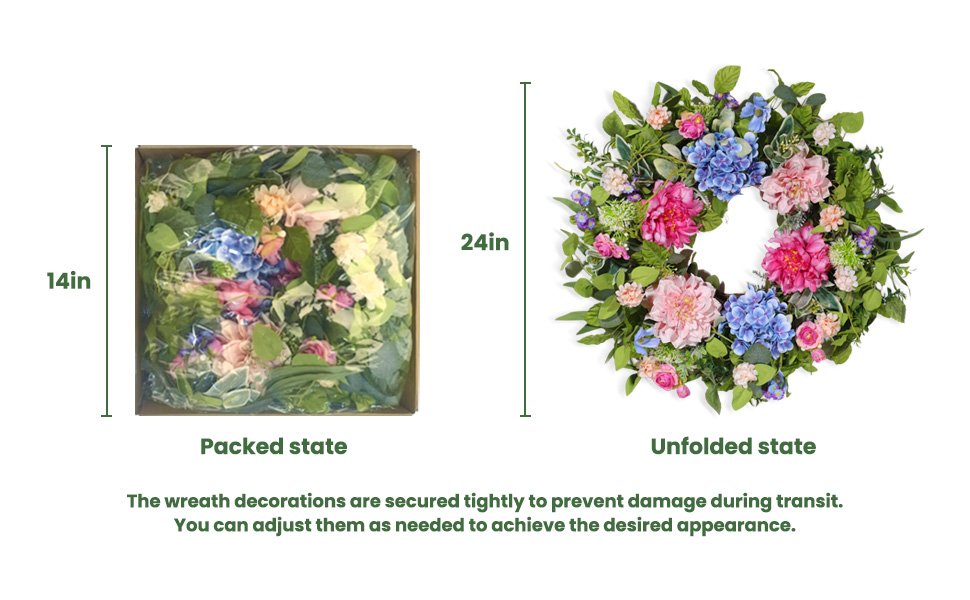 Artificial floral wreath shown in packed and unfolded states with dimensions indicated.
