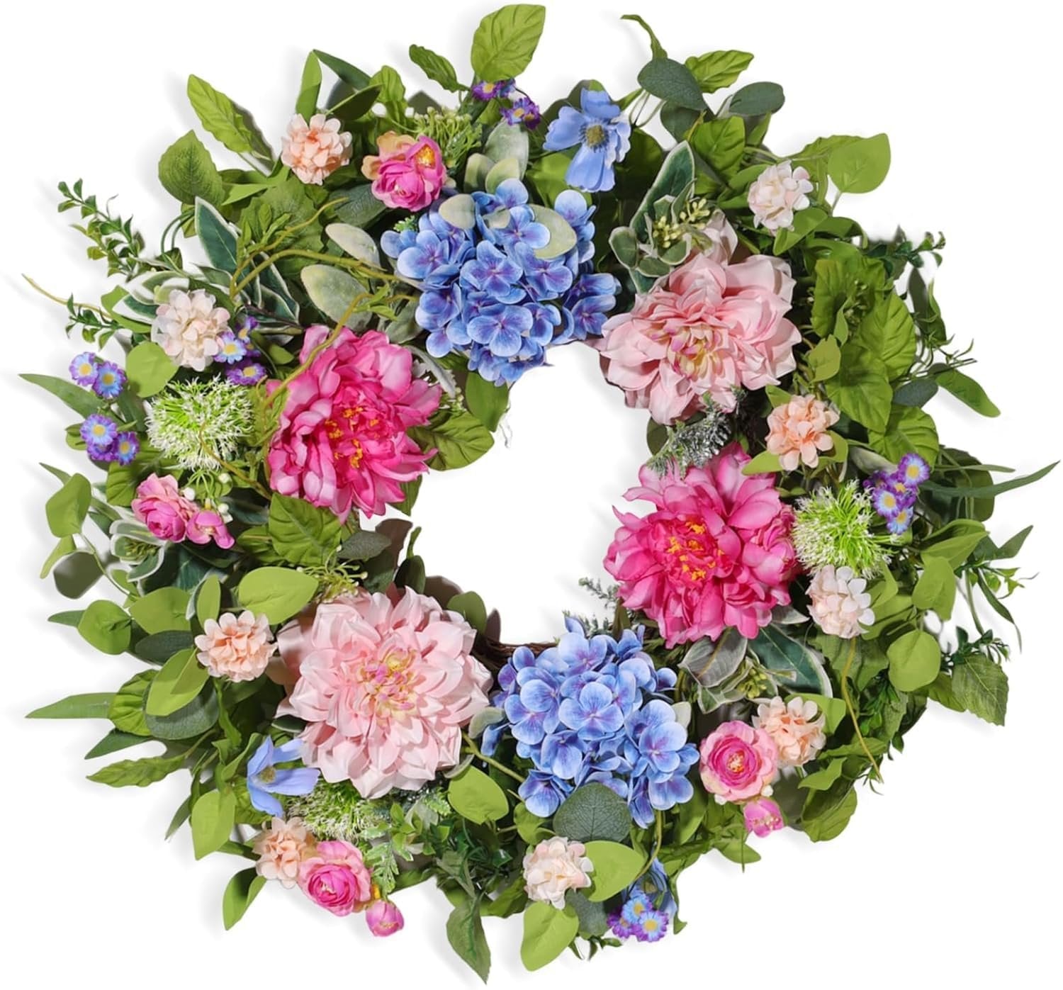 Artificial floral wreath with pink peonies, blue hydrangeas, and green leaves on a white background.