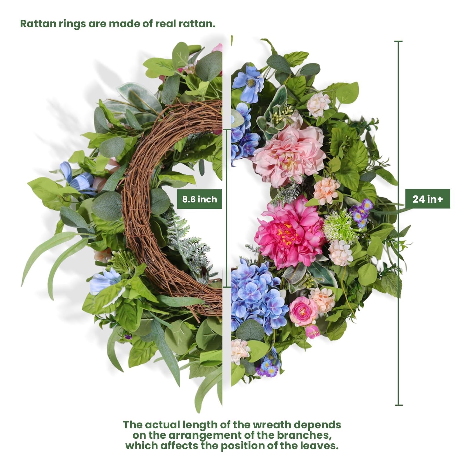 Artificial floral wreath with green leaves, daisies, peonies, hydrangeas, and eucalyptus on a rattan base, showing dimensions.
