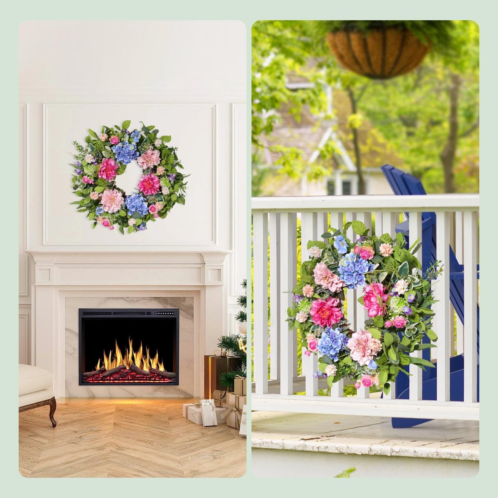 Floral wreath with pink, blue, and green flowers and leaves displayed indoors above a fireplace and outdoors on a porch railing.