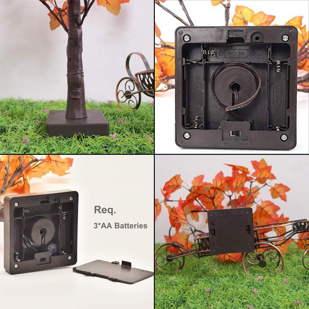 Collage of four images showing details of an artificial lighted maple tree with orange-red leaves, including the base, battery compartment, and decorative carriage.