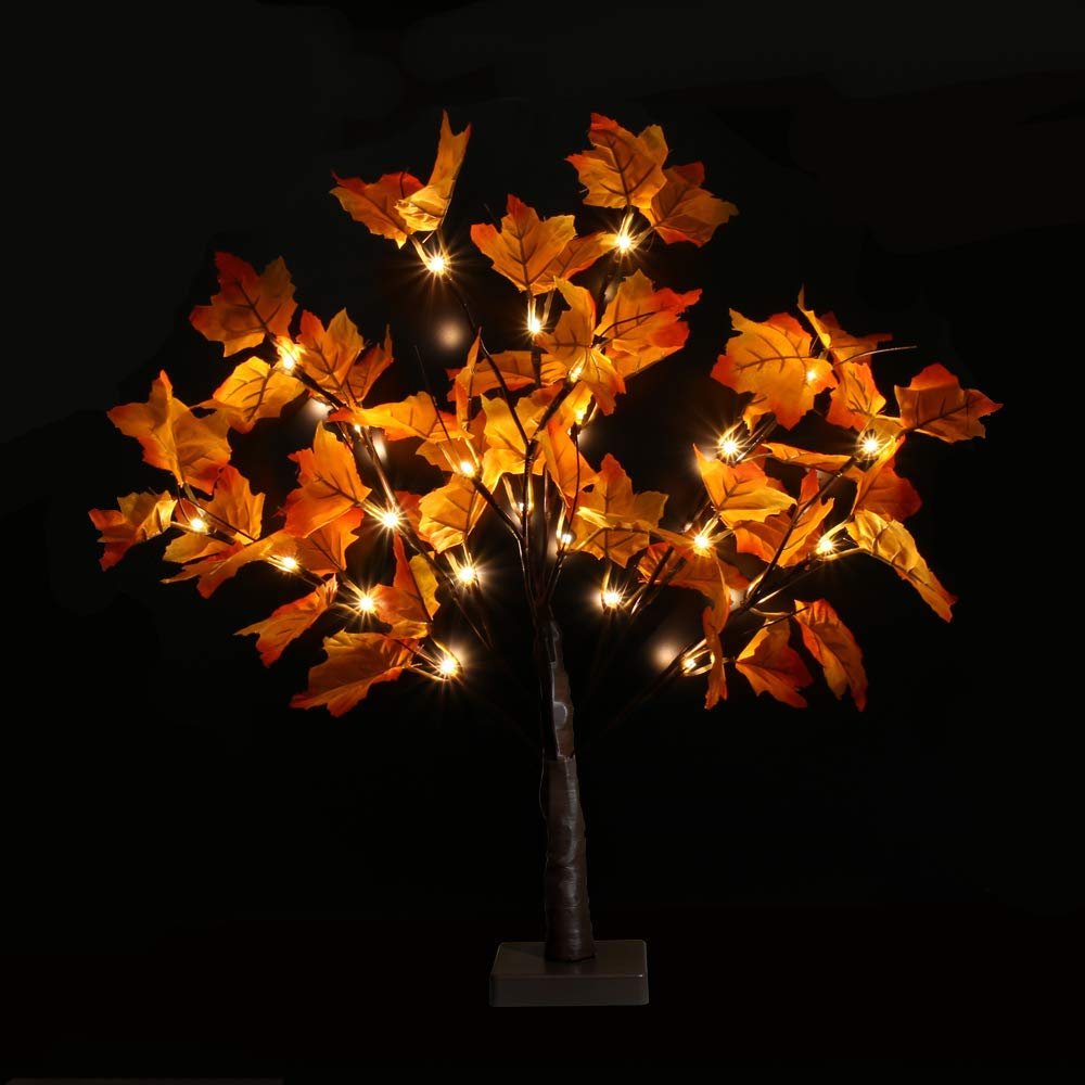 Artificial maple tree with orange-red leaves and 24 LED lights, shown against a black background.