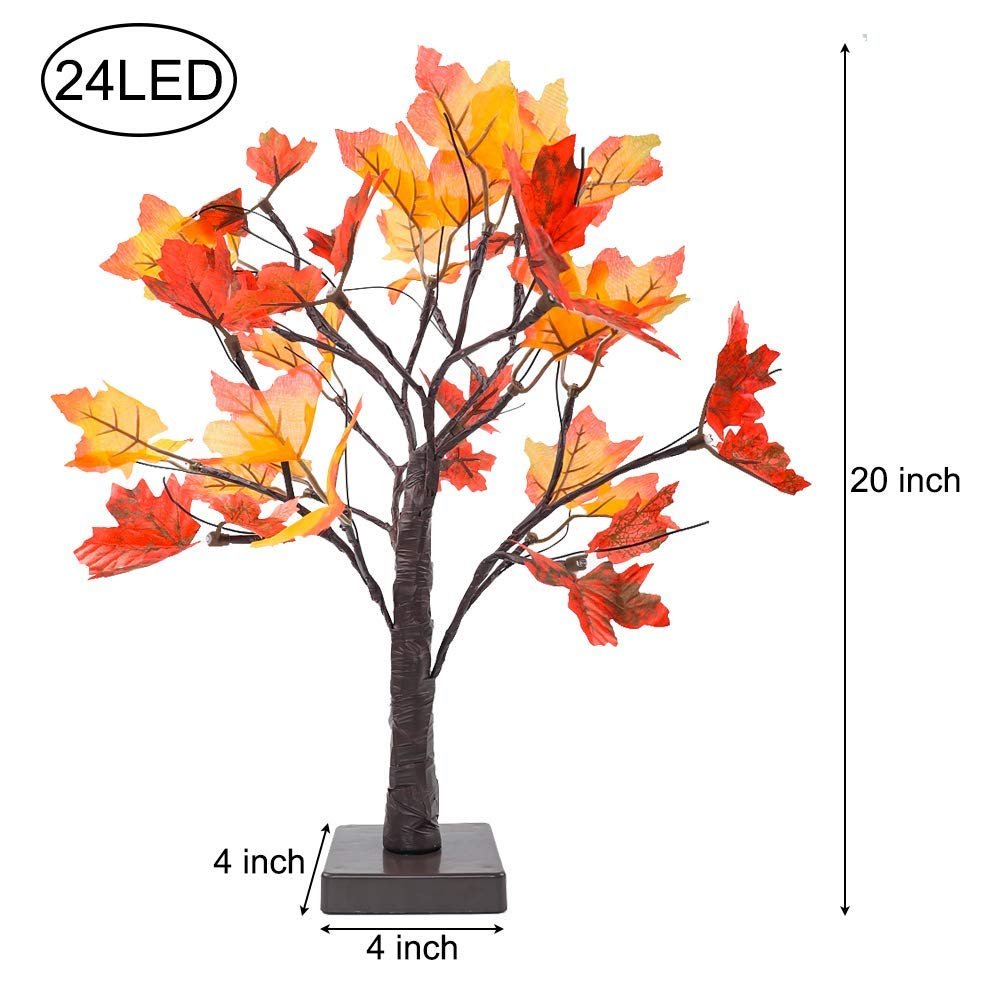 Artificial lighted maple tree with orange-red leaves and 24 LED lights, shown with dimensions.