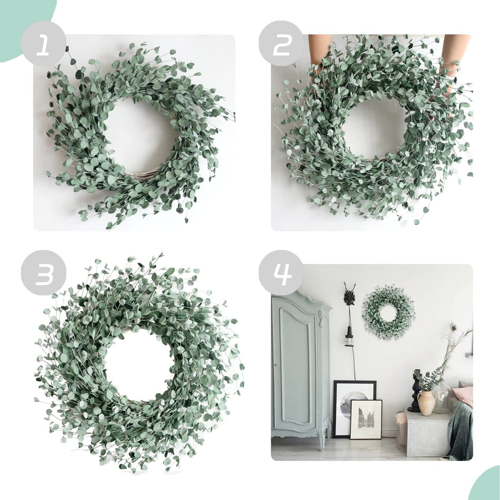 Four views of a 24-inch boxwood wreath with soft green leaves, including a lifestyle shot of it hanging on a wall.