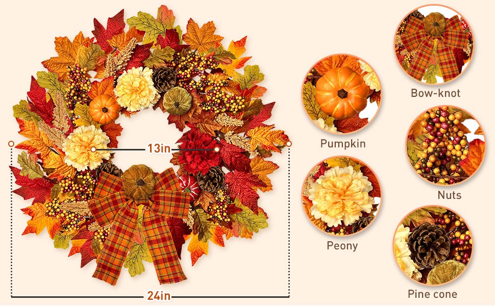 24-inch fall wreath with pumpkins, berries, dahlias, pine cones, and plaid bow, showing dimensions 13in and 24in.