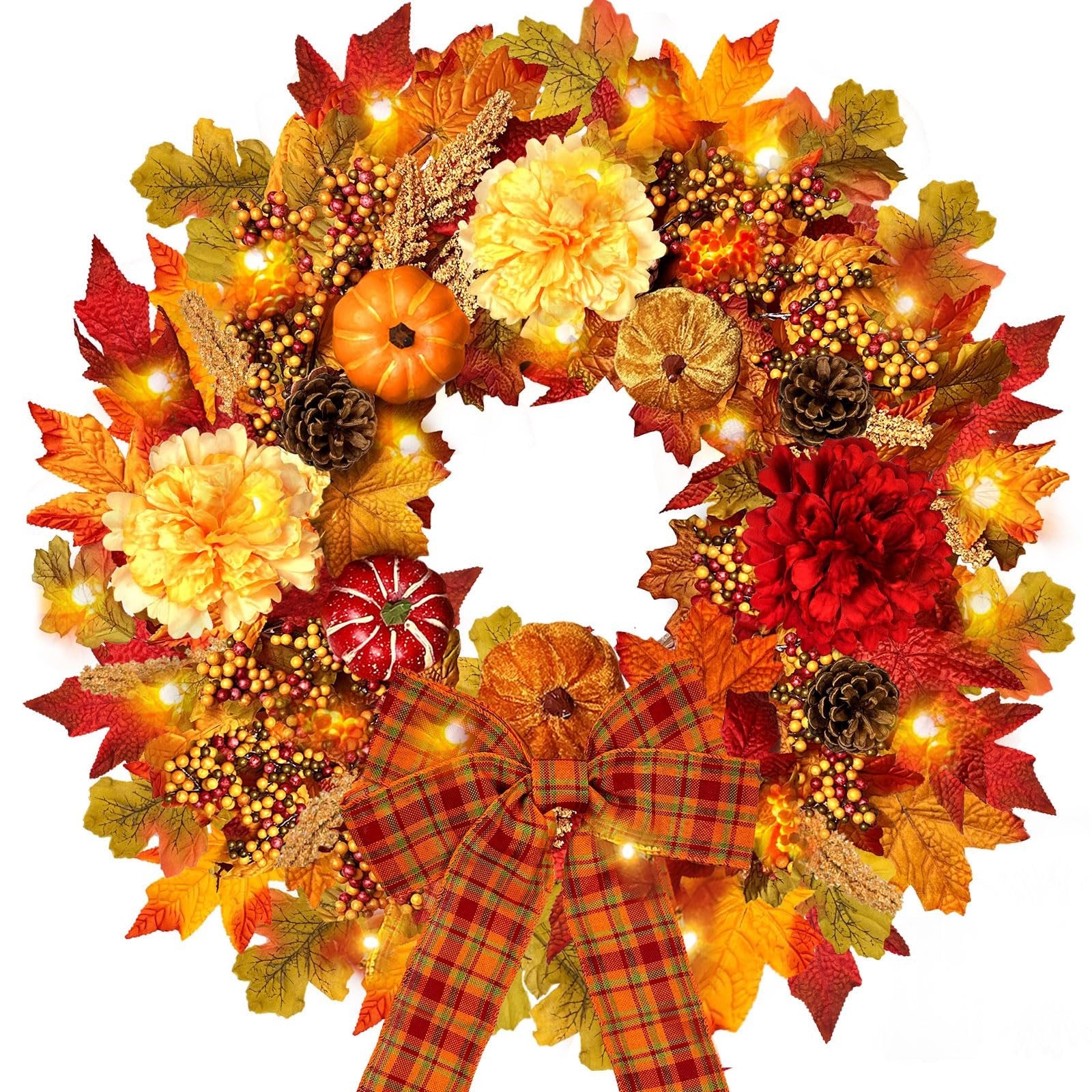 24 inch fall wreath with lights, pumpkins, berries, dahlias, pinecones, and a plaid bow on a white background.