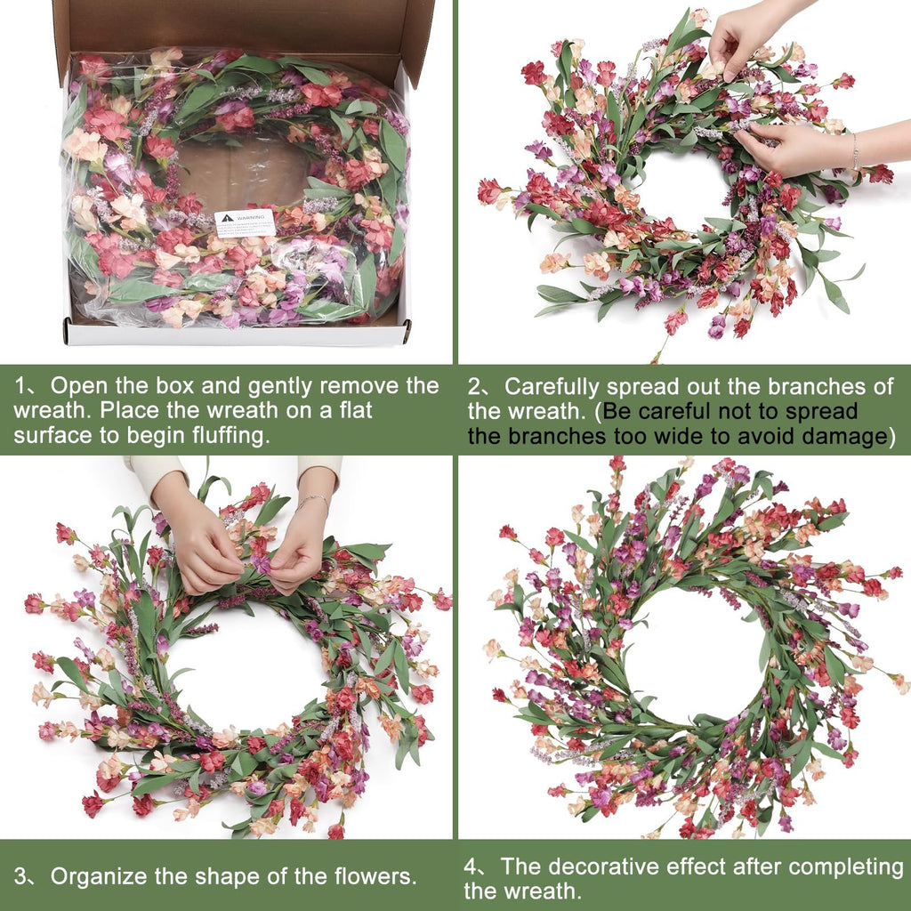 Four-panel image showing how to fluff a handmade floral wreath. Top left: wreath in box. Top right: hands spreading branches. Bottom left: hands adjusting flowers. Bottom right: finished wreath.
