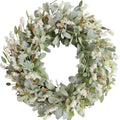 Ivory flower and green lamb ear leaf wreath on a white background, front view.
