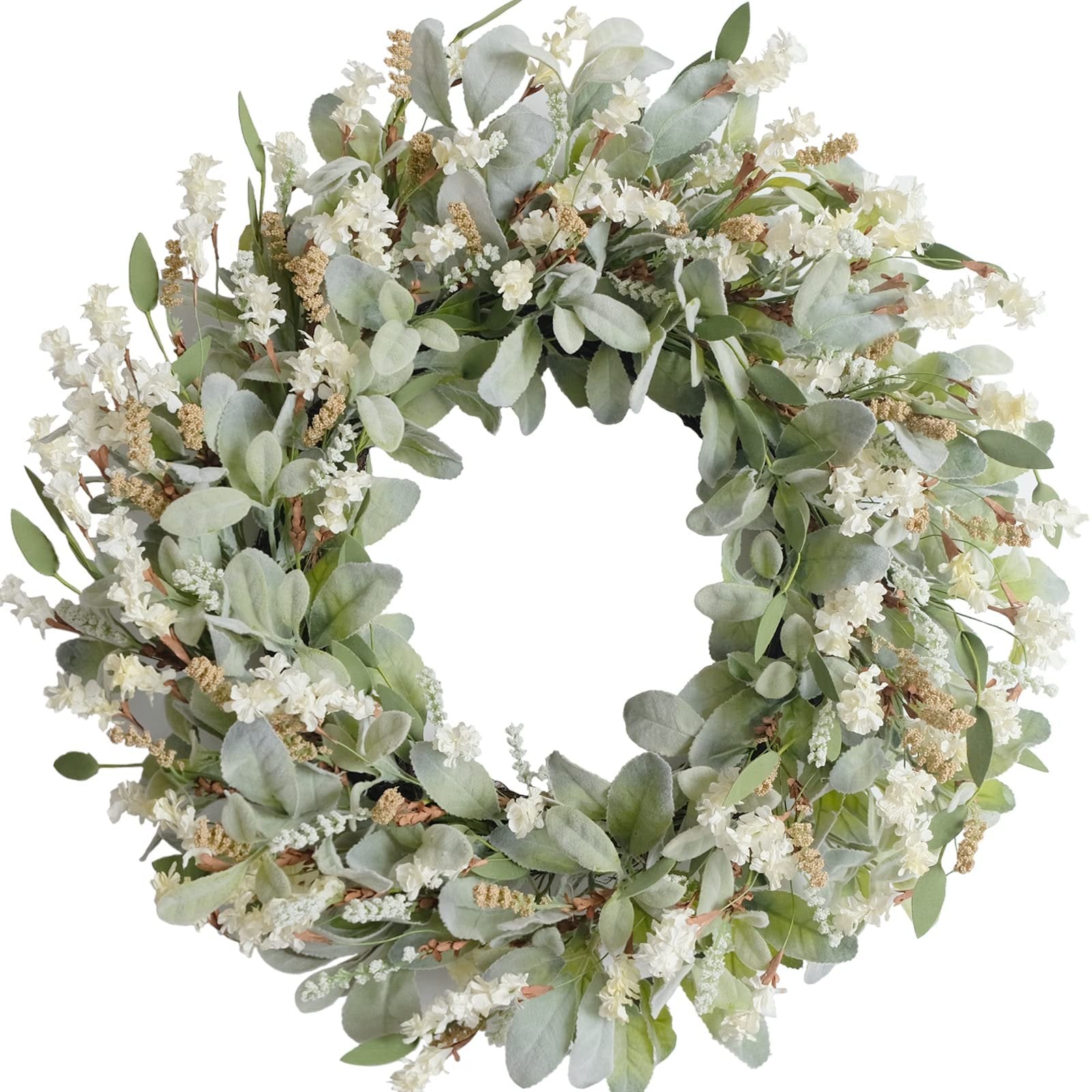 Ivory flower and green lamb ear leaf wreath on a white background, front view.