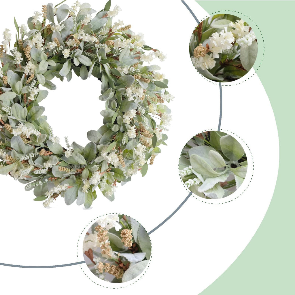 Close-up of an ivory flower wreath with green lamb's ear leaves on a natural base, featuring inset detail views.