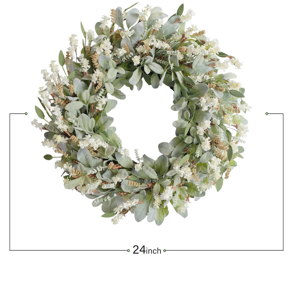 24 inch ivory flower wreath with green lamb ear leaves on a natural base, shown against a white background.