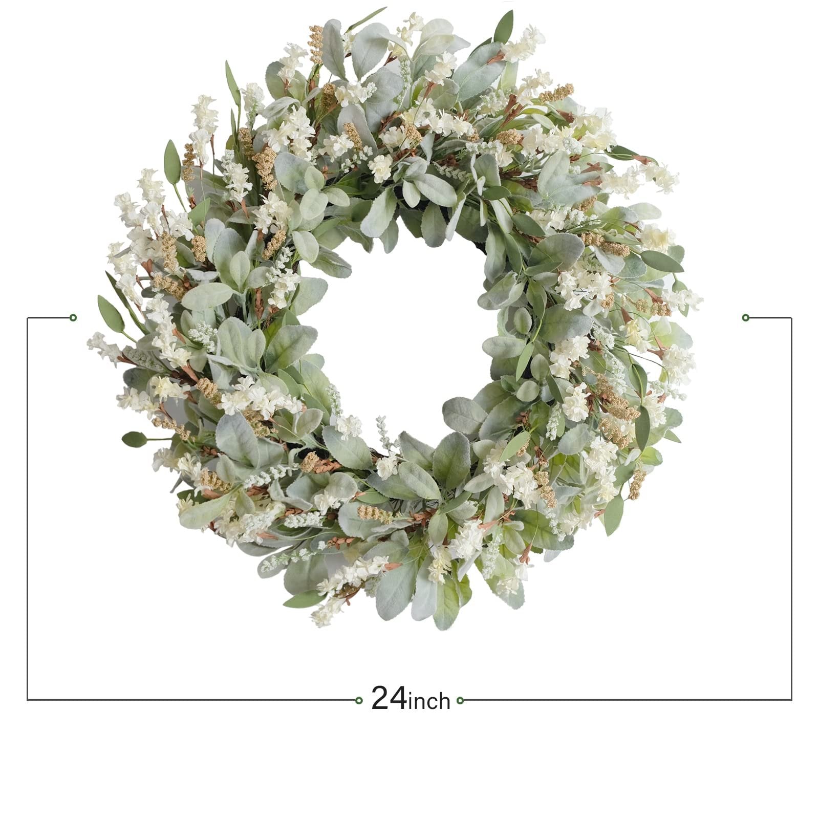 24 inch ivory flower wreath with green lamb ear leaves on a natural base, shown against a white background.