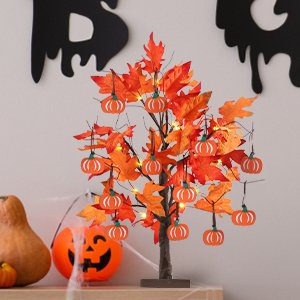 Lighted maple leaves tree with 24 LEDs and 12 wood pumpkin ornaments, displayed on a shelf with Halloween decorations.