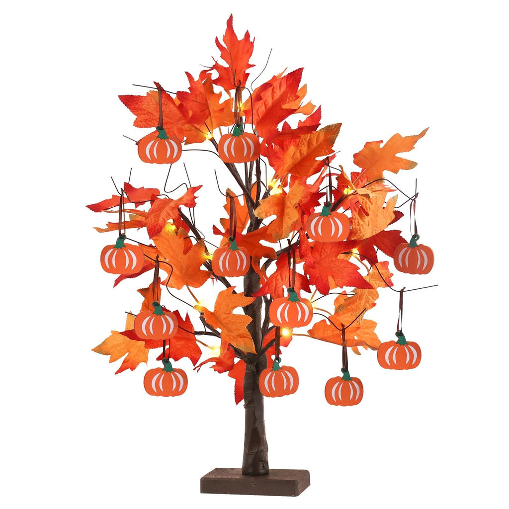 Lighted maple leaves tree with 24 LEDs and 12 wood pumpkin ornaments, front view.