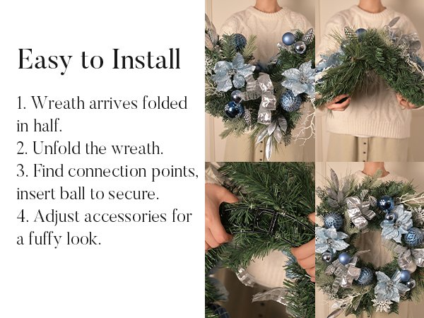 Collage showing how to install a pre-lit Christmas wreath with silver and blue ornaments, ribbons, and poinsettias.