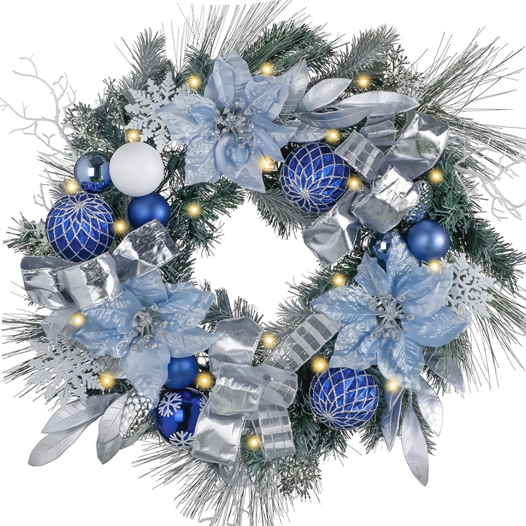 Silver and blue Christmas wreath with ornaments, poinsettias, and lights on a white background