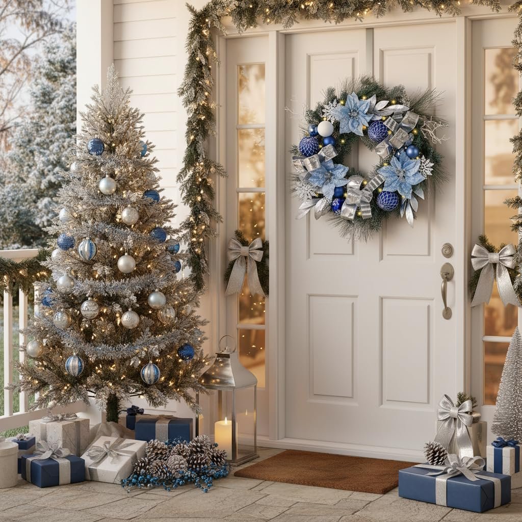 Christmas tree and wreath decorated with silver and blue ornaments on a porch with gifts