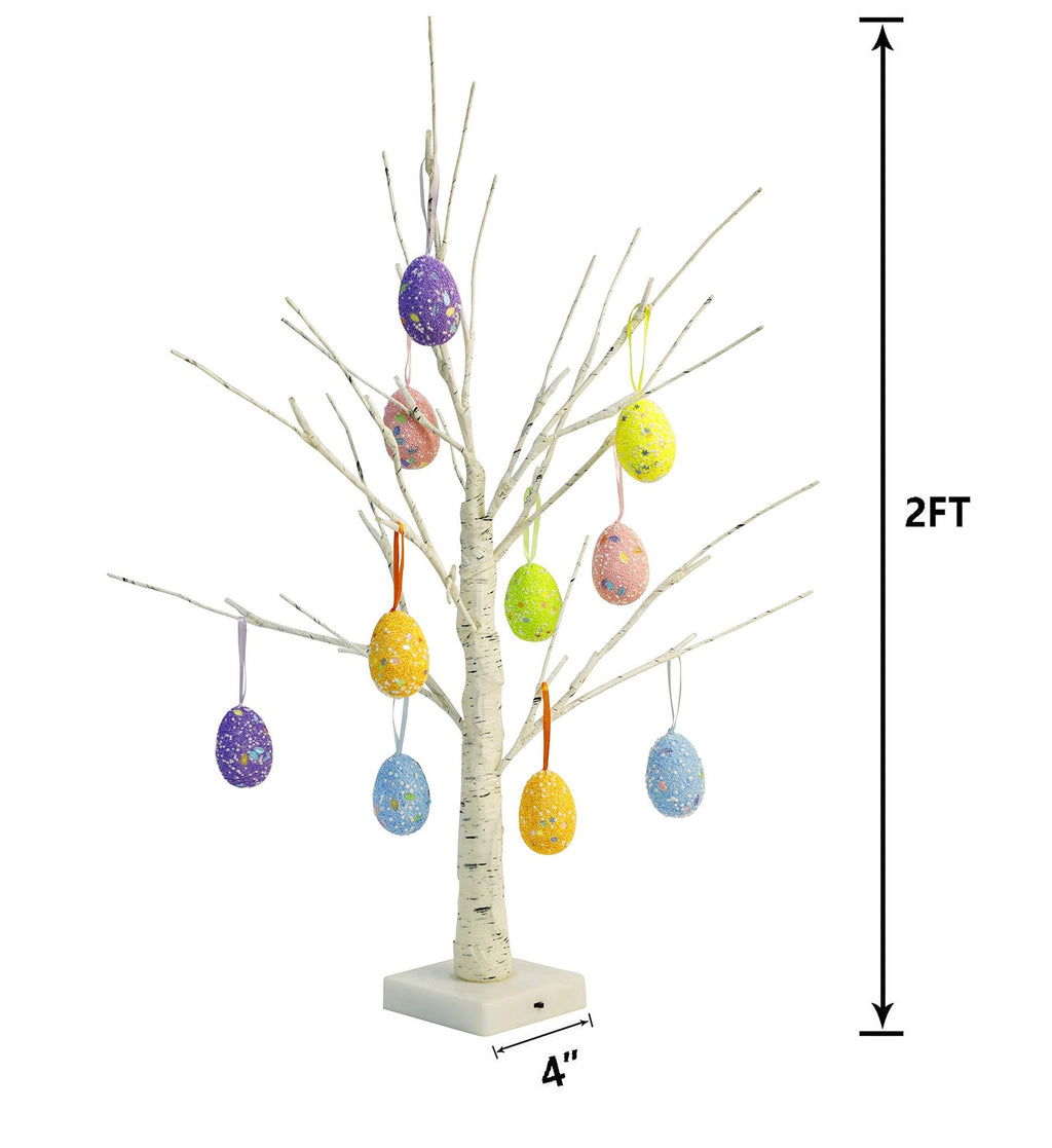White birch Easter tree with colorful hanging egg ornaments and LED lights, shown with dimension markers for height and width.