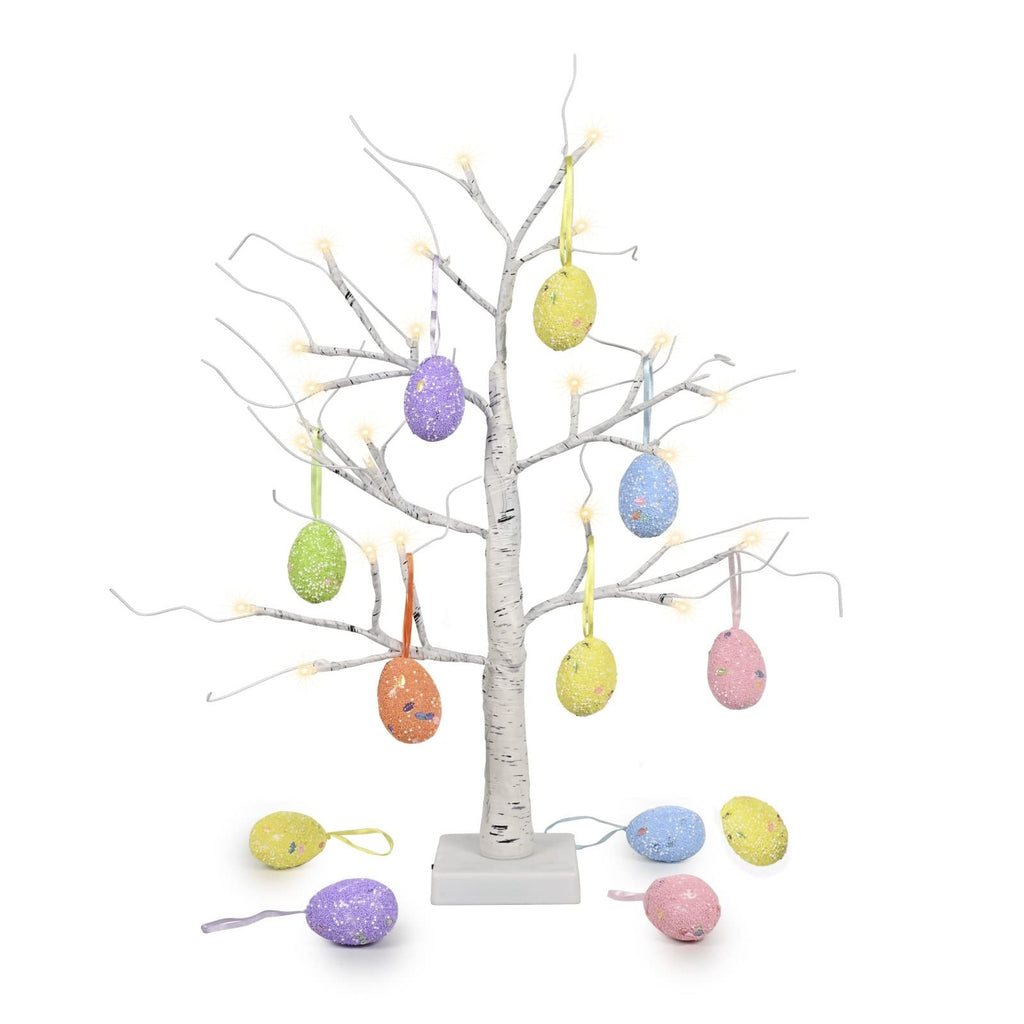White birch Easter tree with 10 hanging glittery egg ornaments and warm white LED lights on a white base.