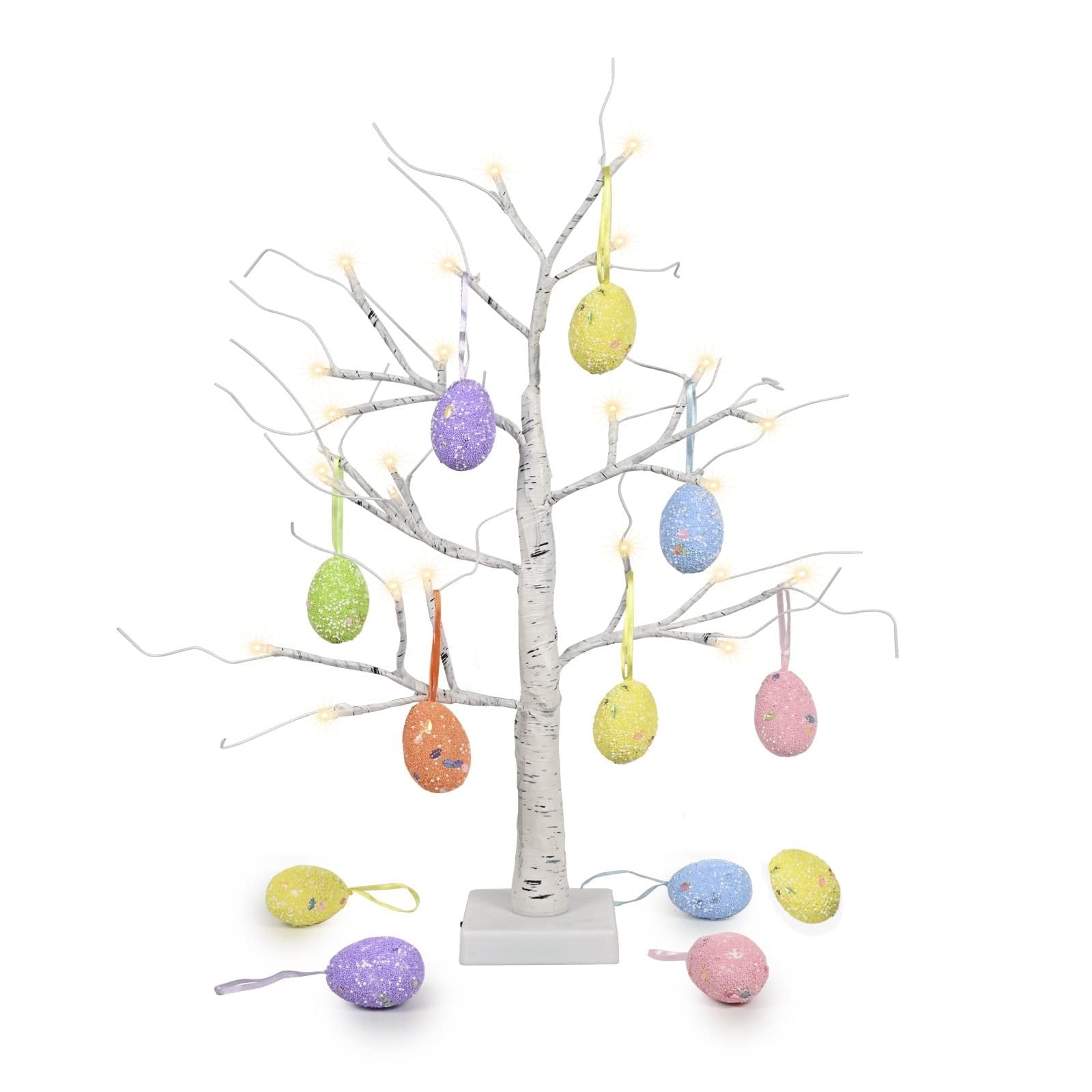 White birch Easter tree with 10 hanging glittery egg ornaments and warm white LED lights on a white base.
