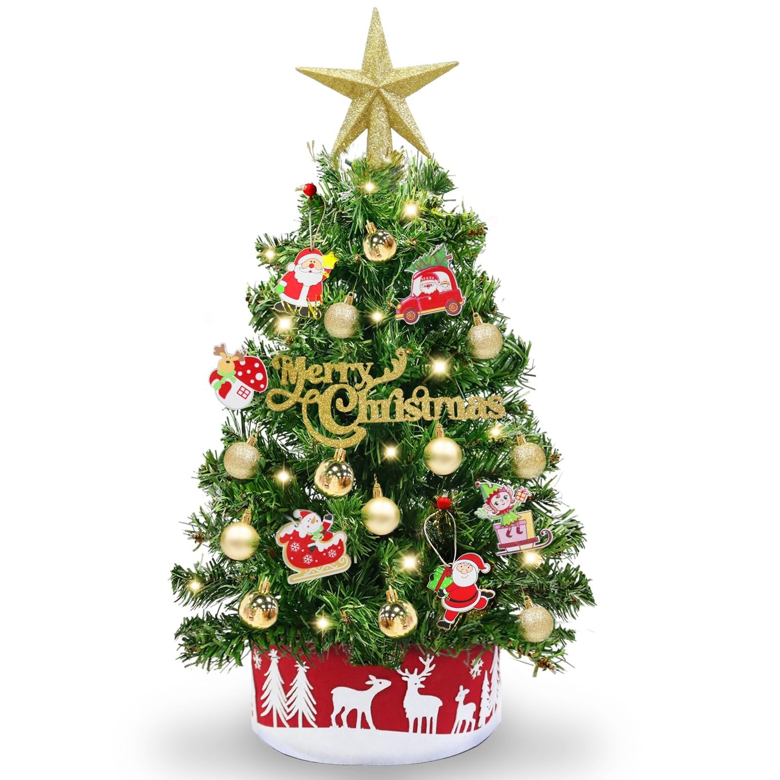 Mini Christmas tree with gold star topper, ornaments, LED lights, and festive base. Front view.