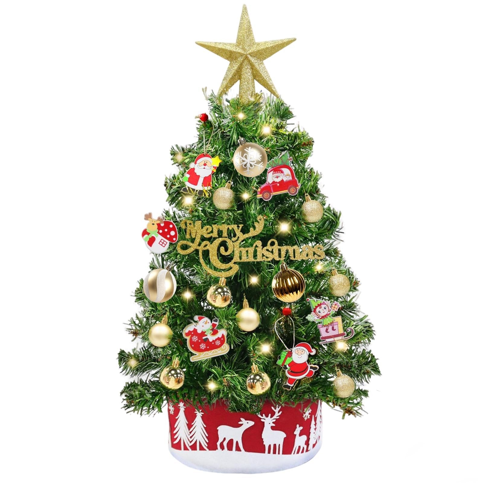 Miniature Christmas tree with gold star topper, ornaments, and LED lights, set against a white background.