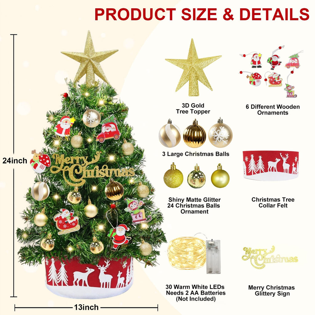 24-inch tabletop Christmas tree with ornaments, lights, and tree collar, showing product size and details.