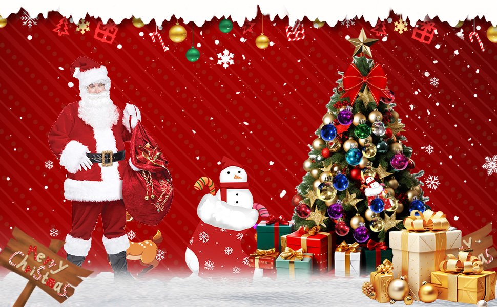 Christmas scene with Santa Claus, a decorated tree, gifts, and a snowman in a stocking.